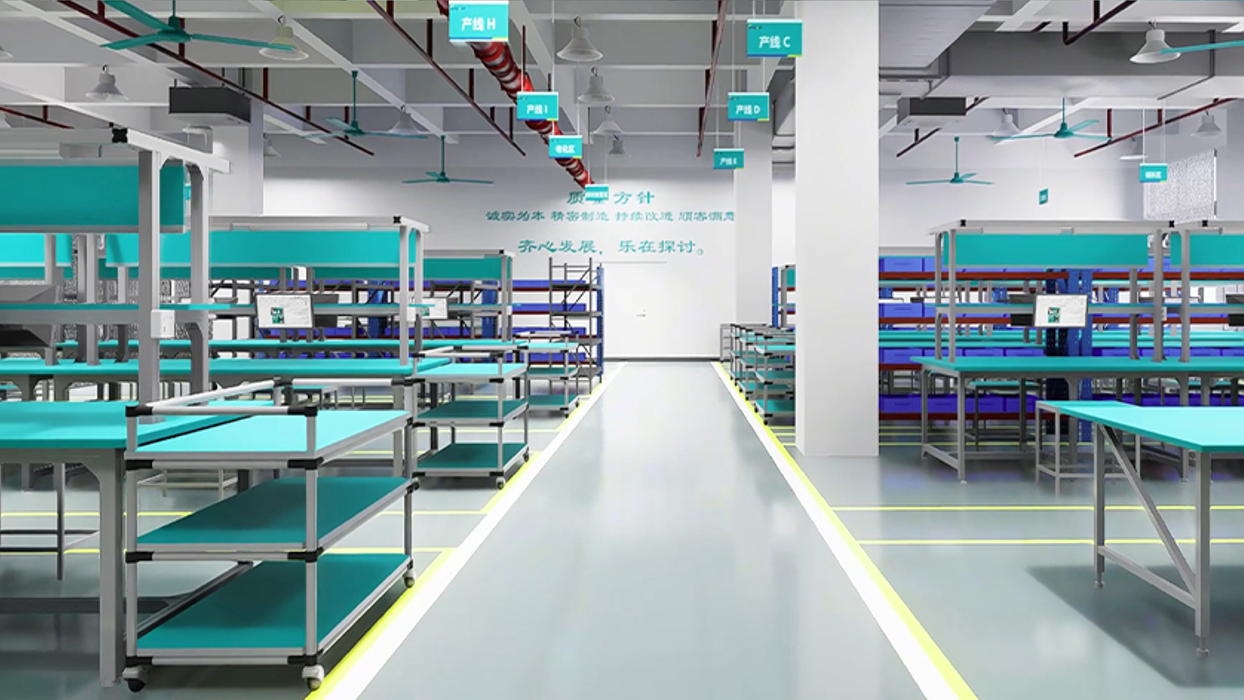 Production workstations and a central aisle in the IGENGYUN workshop