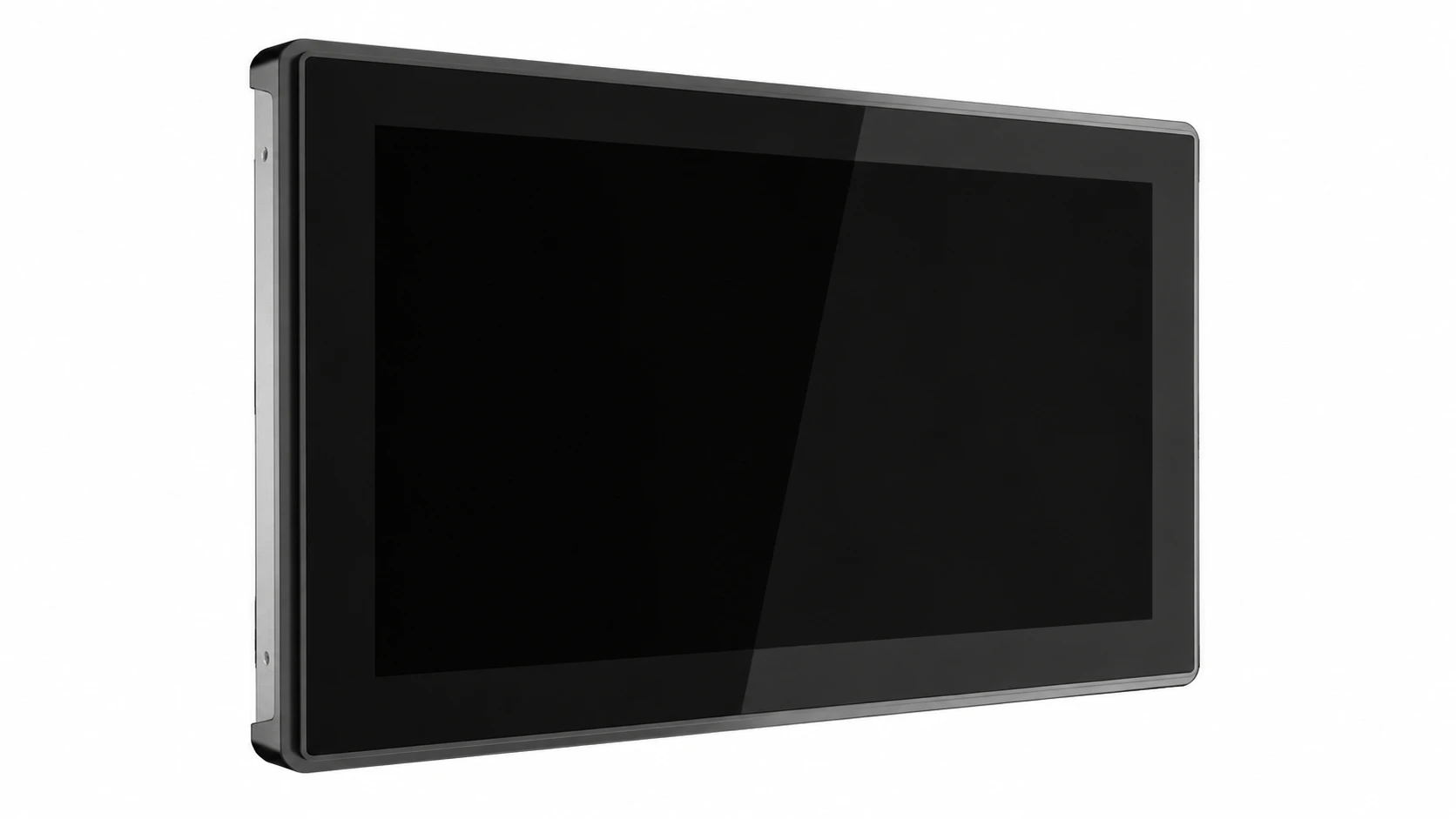 Black all-in-one panel computer with glass display and metal housing