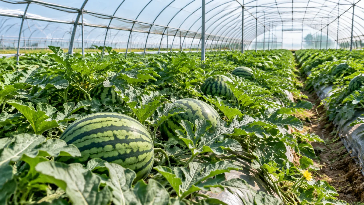 Rows of plants inside a greenhouse