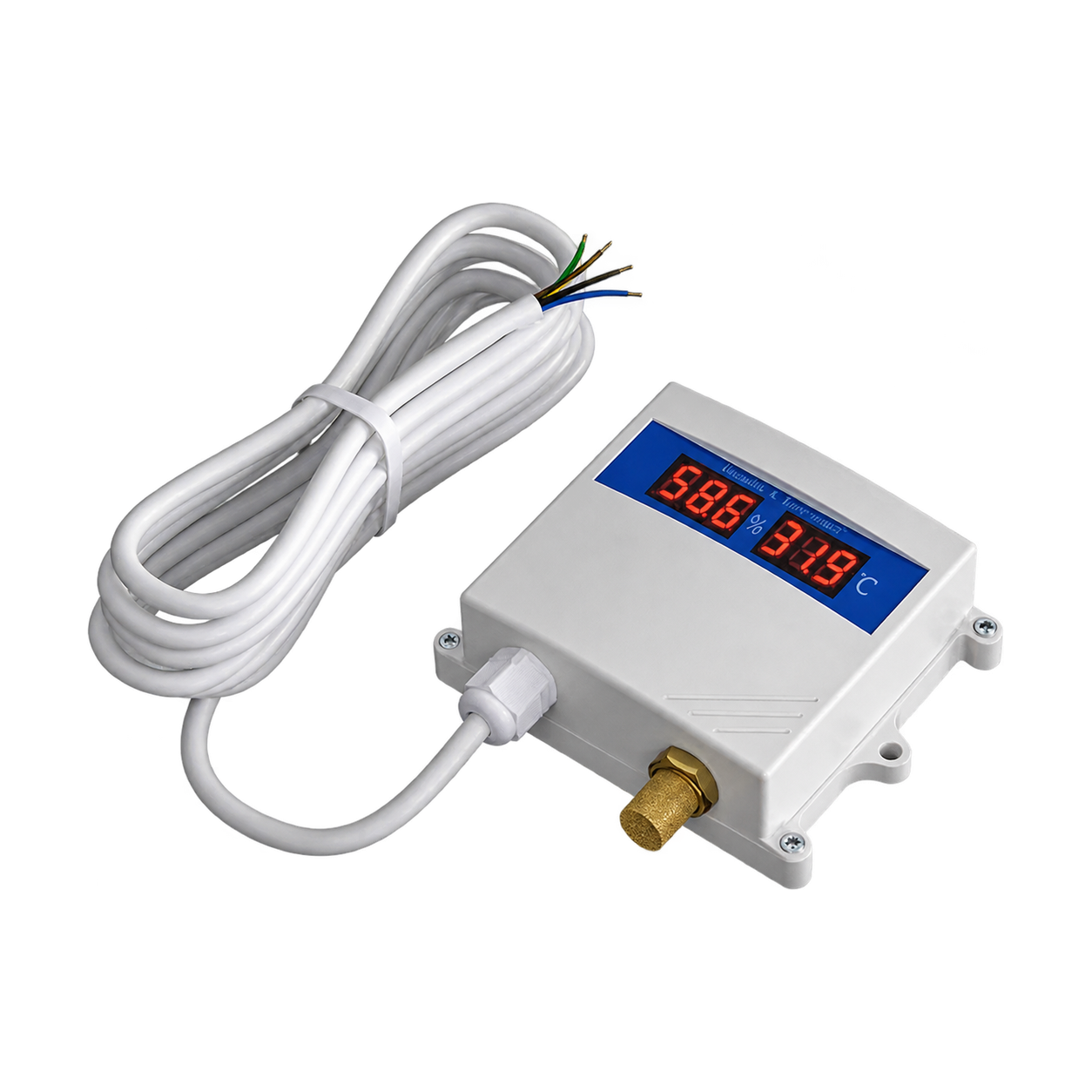 White temperature and humidity sensor with display, probe and coiled cable