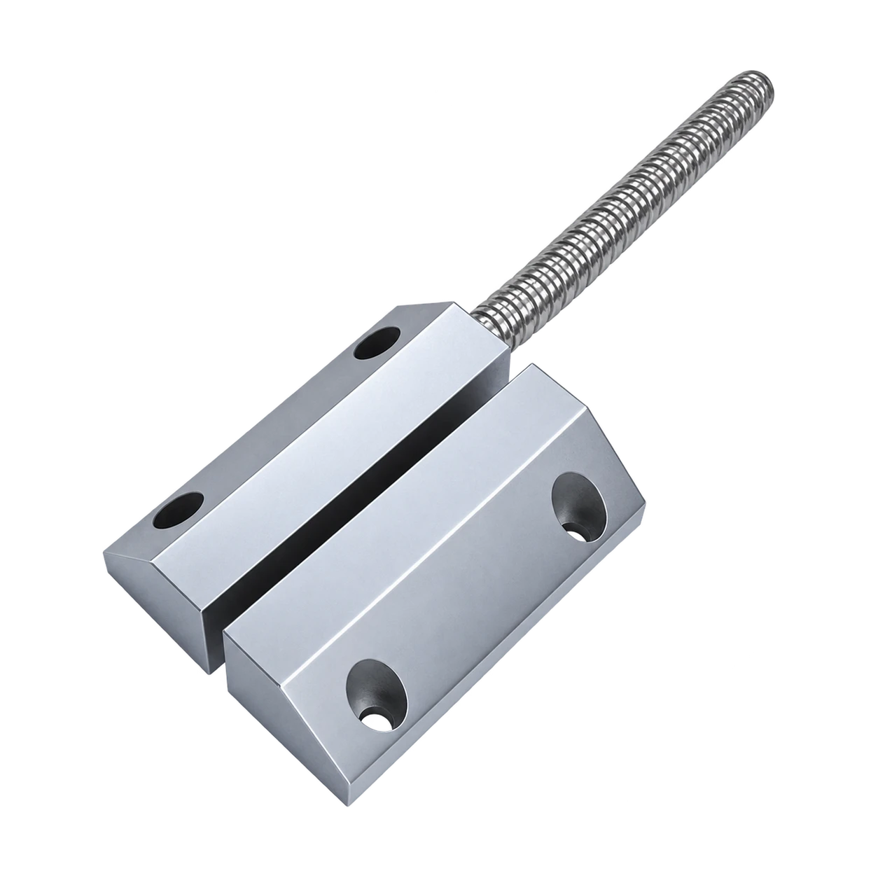 Two silver magnetic door contact housings with mounting holes and an armored cable