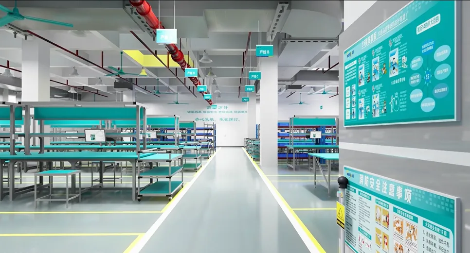IGENGYUN's own production workshop, with rows of assembly workbenches beside a central aisle