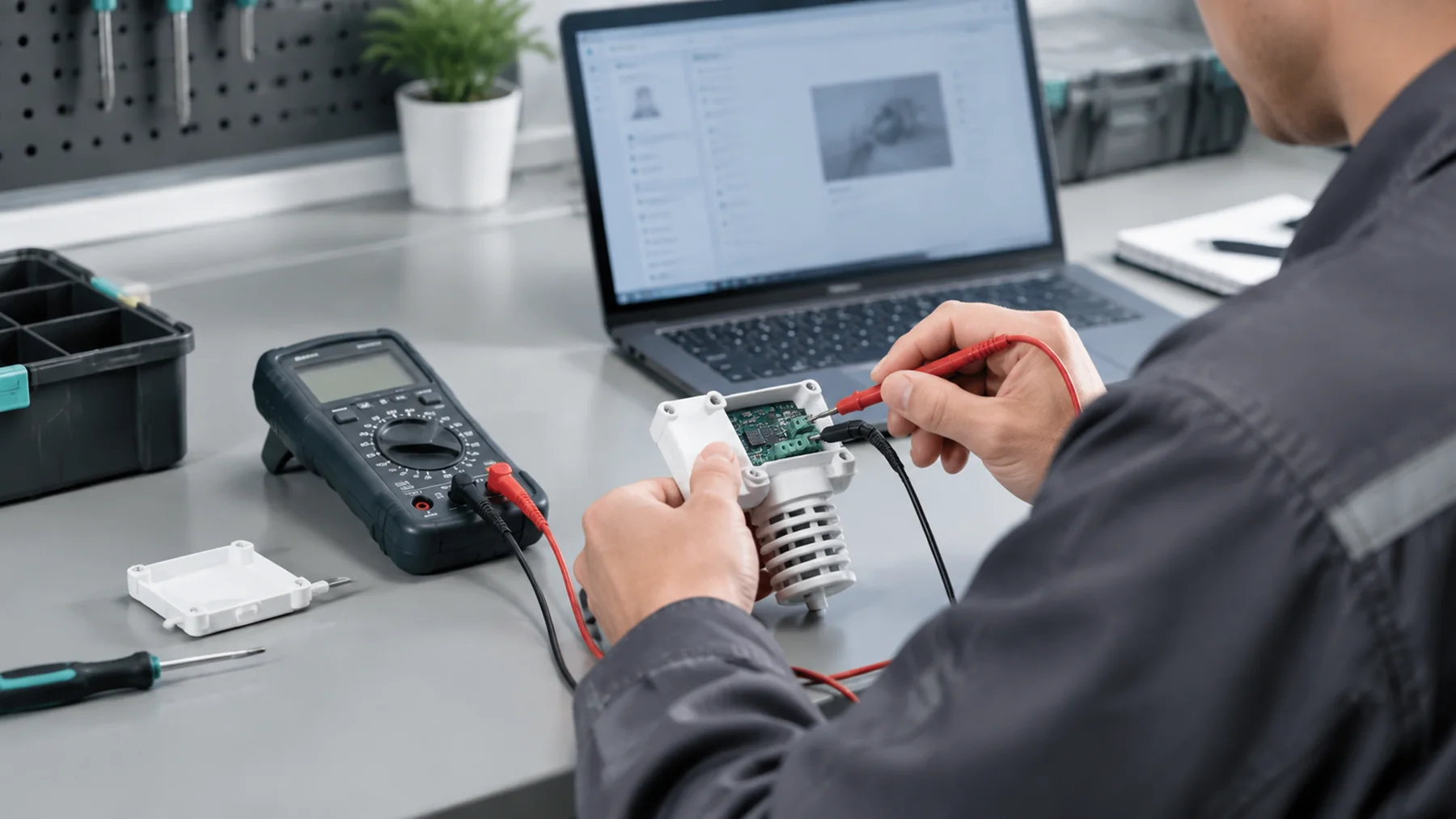 Technician diagnosing an environmental sensor