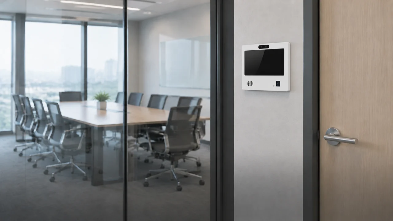 Small wall-mounted terminal beside a meeting room door